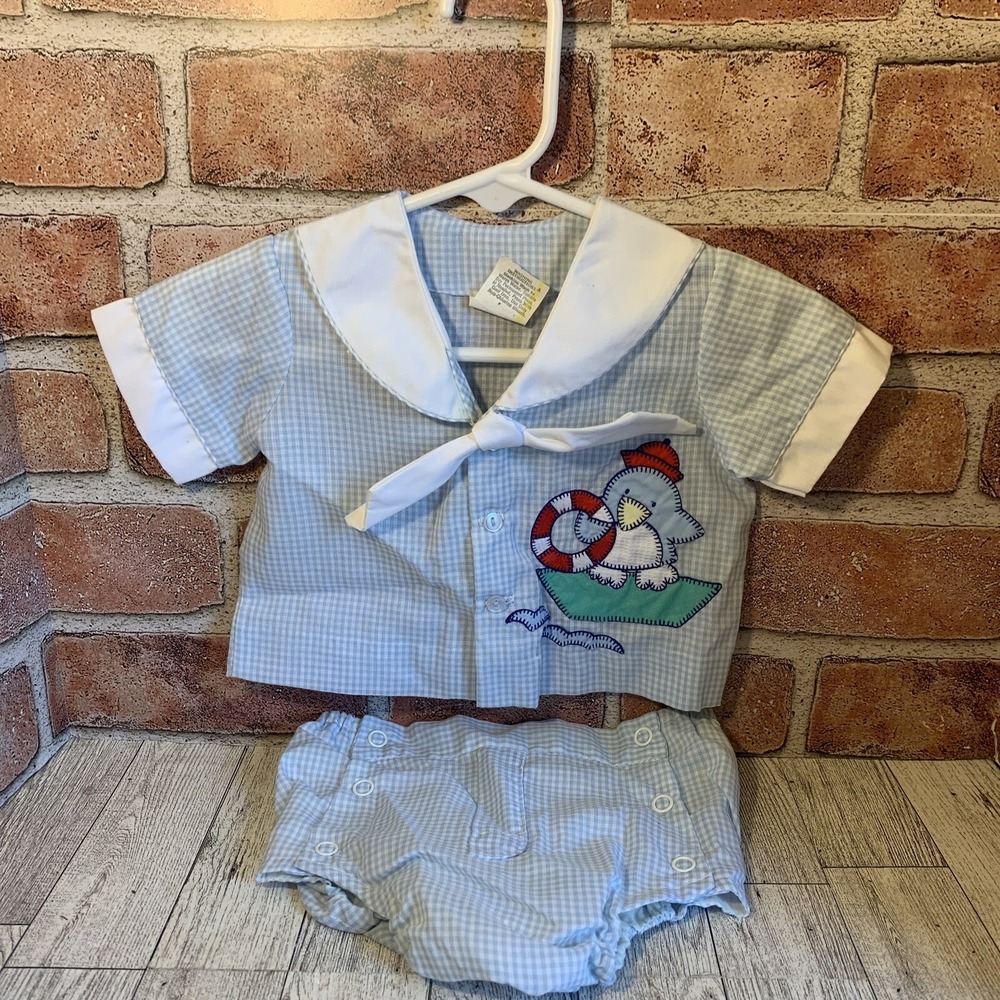 Vintage Infant Boy Blue White Gingham 2pc Sailor Outfit Penguin & Boat 0-3 Mo